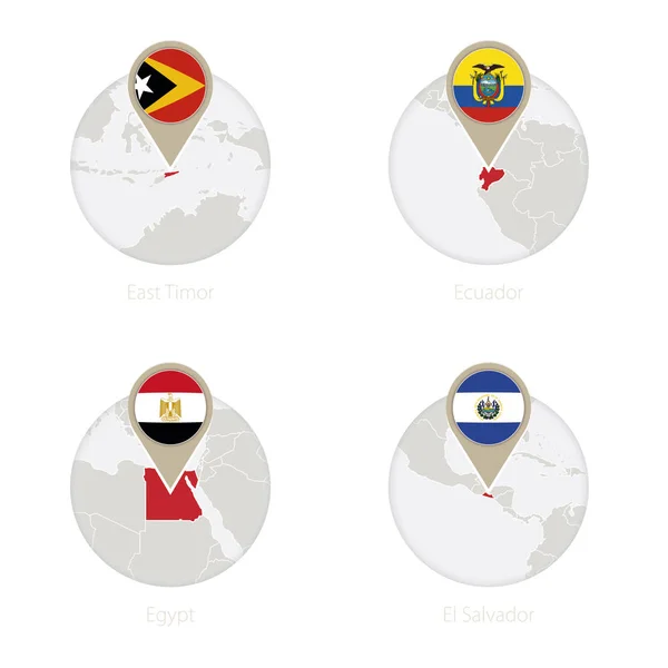 Ανατολικό Τιμόρ, Ισημερινός, Αίγυπτος, Ελ Σαλβαδόρ χάρτη και σημαία σε κύκλο. — Διανυσματικό Αρχείο