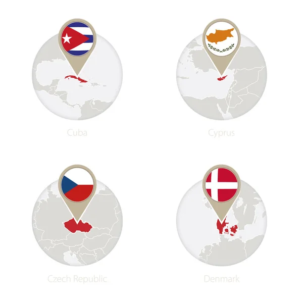 Κούβα, Κύπρος, Τσεχική Δημοκρατία, Δανία Χάρτης και σημαία σε κύκλο. — Διανυσματικό Αρχείο