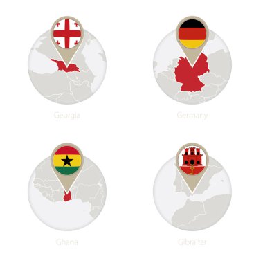 Gürcistan, Almanya, Gana, Gibraltar harita ve bayrak daire. 