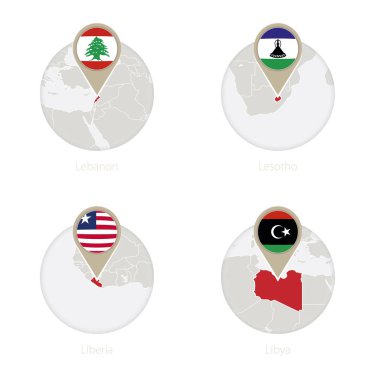 Lübnan, Lesotho, Liberya, Libya harita ve bayrak daire. 