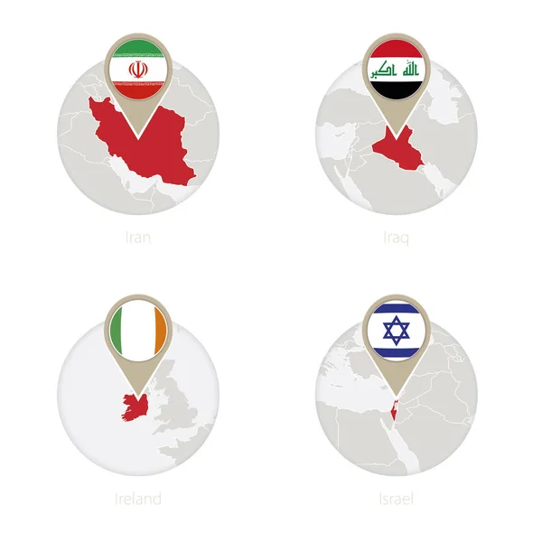 Карта Ирана, Ирака, Ирландии, Израиля и флаг в кругу . — стоковый вектор