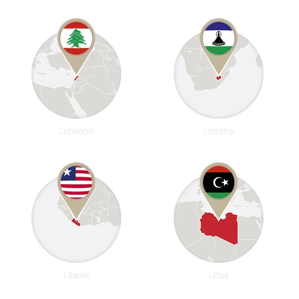 Liban, Lesotho, Libéria, Libye carte et drapeau en cercle . — Image vectorielle