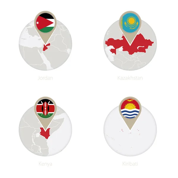 Ιορδανία, Καζακστάν, Κένυα, Χάρτης Κιριμπάτι και σημαία σε κύκλο. — Διανυσματικό Αρχείο