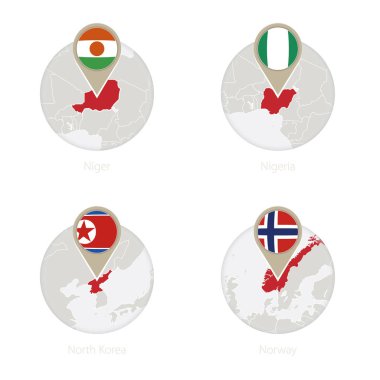 Nijer, Nijerya, Kuzey Kore, Norveç harita ve bayrak daire. 