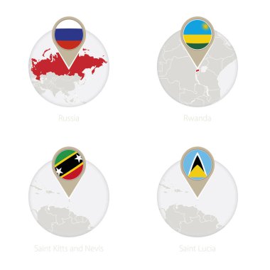 Rusya, Ruanda, St. Kitts ve Nevis, Saint Lucia Haritası ve bayrak daire. 