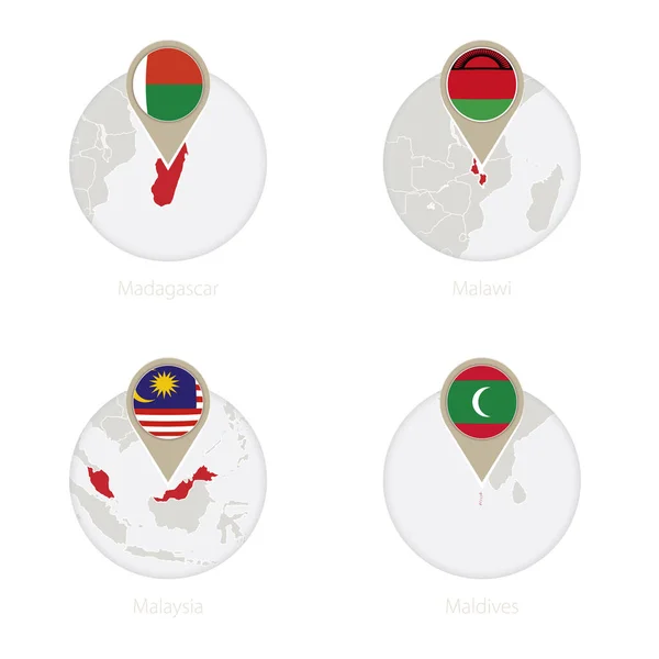 Мадагаскар, Малаві, Малайзія, Мальдіви карта і прапор у колі. — стоковий вектор