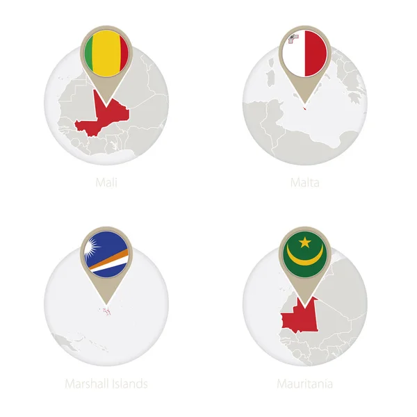 Mali, Malte, Îles Marshall, Mauritanie carte et drapeau en cercle — Image vectorielle