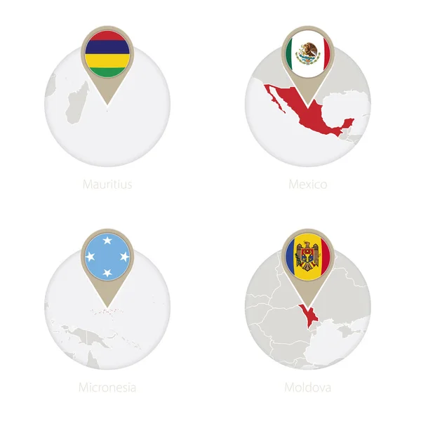 Μαυρίκιος, Μεξικό, Μικρονησία, Μολδαβία χάρτη και σημαία σε κύκλο. — Διανυσματικό Αρχείο