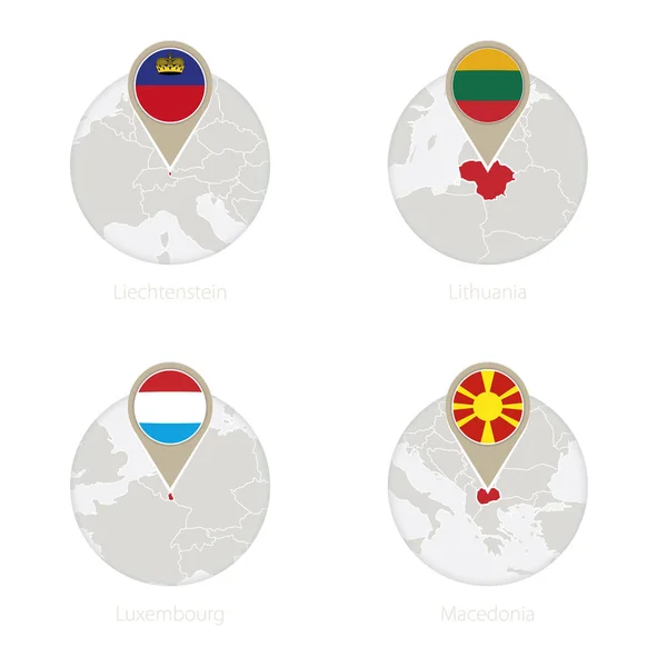 Liechtenstein, Lituânia, Luxemburgo, Macedónia mapa e bandeira em círculo . —  Vetores de Stock
