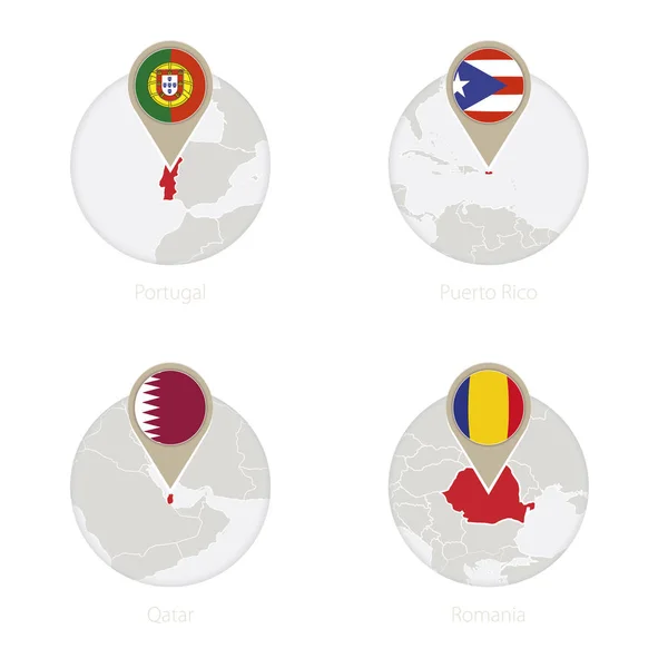 Πορτογαλία, Πουέρτο Ρίκο, Κατάρ, Ρουμανία Χάρτης και σημαία σε κύκλο. — Διανυσματικό Αρχείο