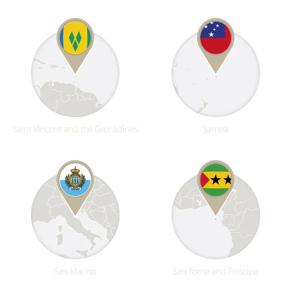 São Vicente e Granadinas, Samoa, São Marinho, São Tomé e Príncipe mapa e bandeira em círculo . — Vetor de Stock