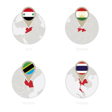 Suriye, Tacikistan, Tanzanya, Tayland harita ve bayrak daire. 