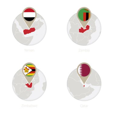 Yemen, Zambiya, Zimbabve, Katar harita ve bayrak daire. 