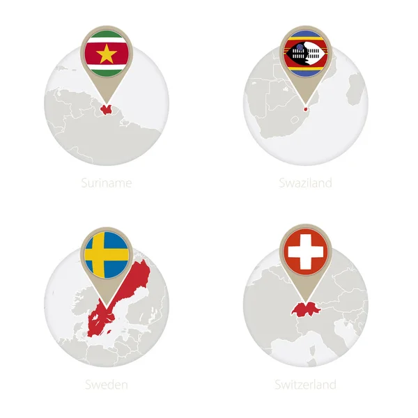 Suriname, Suazilândia, Suécia, Suíça mapa e bandeira em círculo . — Vetor de Stock