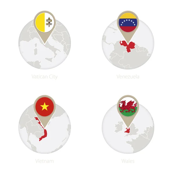 Ciudad del Vaticano, Venezuela, Vietnam, Gales mapa y bandera en círculo . — Vector de stock