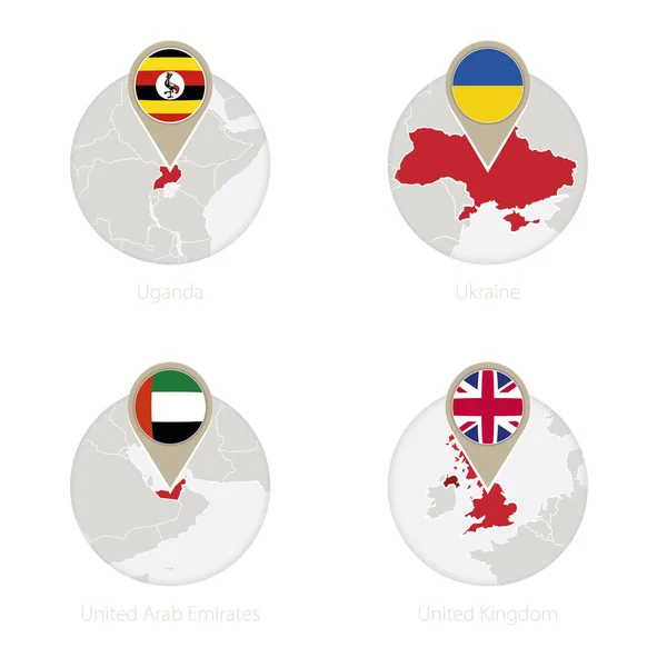 Oeganda, Oekraïne, Verenigde Arabische Emiraten, Verenigd Koninkrijk-kaart en vlag in cirkel. — Stockvector