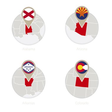 Bize Birleşik Alabama, Arizona, Arkansas, Colorado harita ve daire içinde bayrak. 