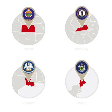 Bize Birleşik Kansas, Kentucky, Louisiana, Maine harita ve daire içinde bayrak. 