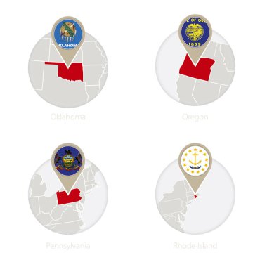 Birleşik Oklahoma, Oregon, Pennsylvania, Rhode Island harita ve bayrak daire. 
