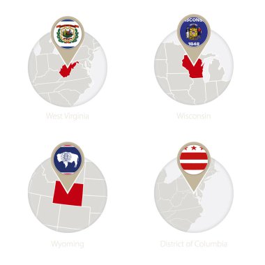 Bize Birleşik Batı Virginia, Wisconsin, Wyoming, District of Columbia harita ve daire içinde bayrak. 