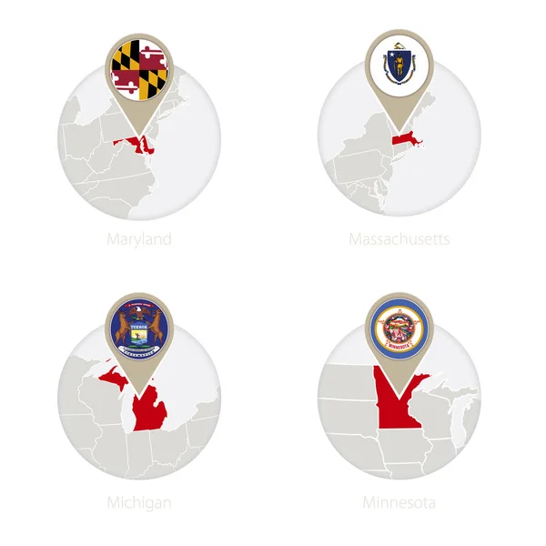 Estados Unidos Maryland, Massachusetts, Michigan, Minnesota mapa y bandera en círculo . — Vector de stock