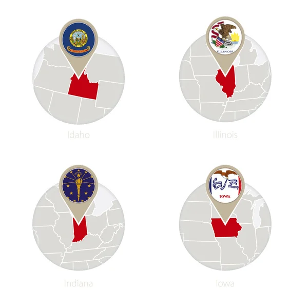 Estados Unidos Idaho, Illinois, Indiana, Iowa mapa y bandera en círculo . — Archivo Imágenes Vectoriales