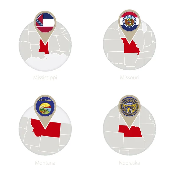 Estados Unidos Mississippi, Missouri, Montana, Nebraska mapa e bandeira em círculo . —  Vetores de Stock