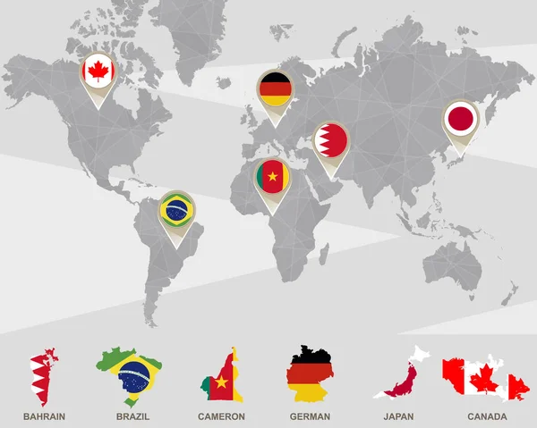 Mapa del mundo con Bahréin, Brasil, Cameron, alemán, Japón, Canadá punteros . — Vector de stock