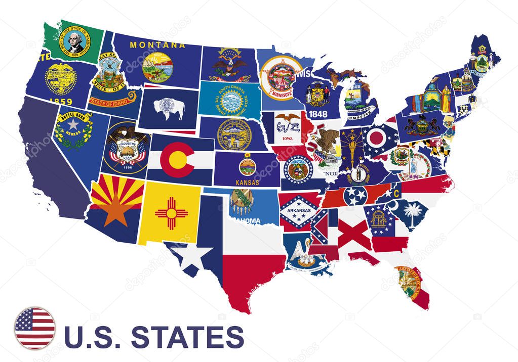 US map with flags of states