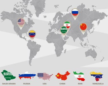 Dünya harita Suudi Arabistan, Rusya, ABD, Çin, Iran, Venezuela işaretçiler.