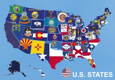 Birleşik Devletleri, Alaska ve Hawaii ile mavi arka plan üzerinde bayrakları taşıyan ABD harita