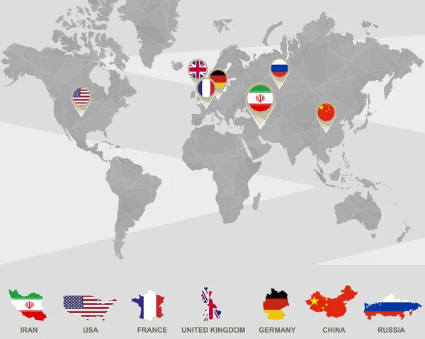 Wereldkaart met Iran, Verenigde Staten, Frankrijk, Uk, Duitsland, China, Rusland wijzers. — Stockvector