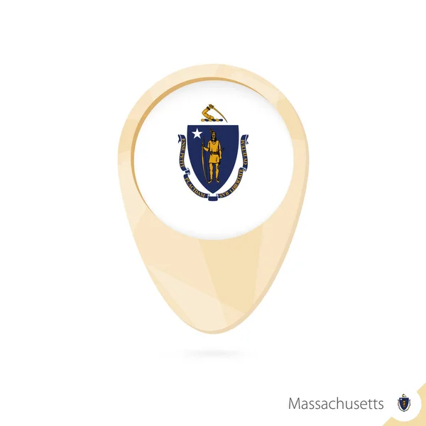 Puntero de mapa con bandera de Massachusetts. Icono de mapa abstracto naranja — Vector de stock