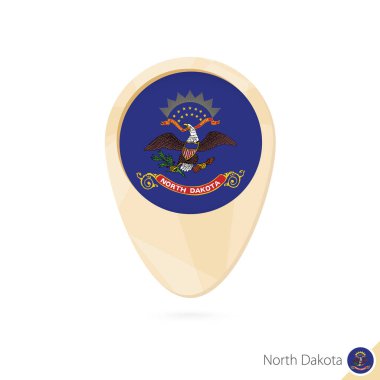 Kuzey Dakota bayrağı ile harita işaretçi. Turuncu soyut harita simgesi.