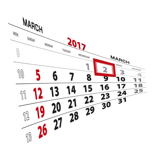 2 марта, выделено на 2017 календарь . — стоковый вектор