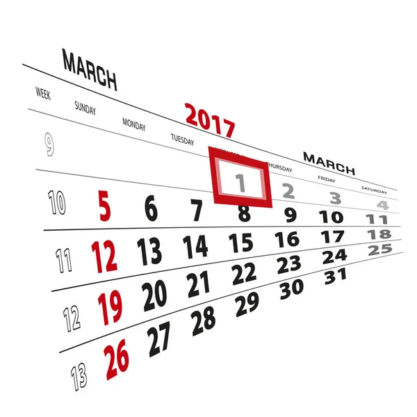 1er mars, mis en évidence sur le calendrier 2017 . — Image vectorielle