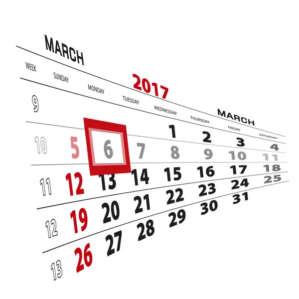 6 mars, mis en évidence sur le calendrier 2017 . — Image vectorielle