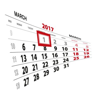 1 Mart takvim 2017 vurgulanır. Hafta Pazartesi başlıyor.