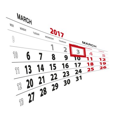 3 Mart takvim 2017 vurgulanır. Hafta Pazartesi başlıyor.