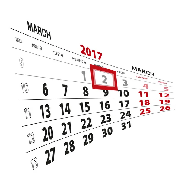 2 March highlighted on calendar 2017. Week starts from Monday. — Stock Vector