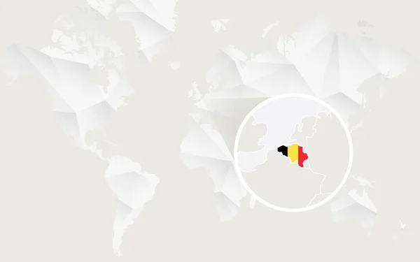Belgium map with flag in contour on white polygonal World Map. — Stock Vector