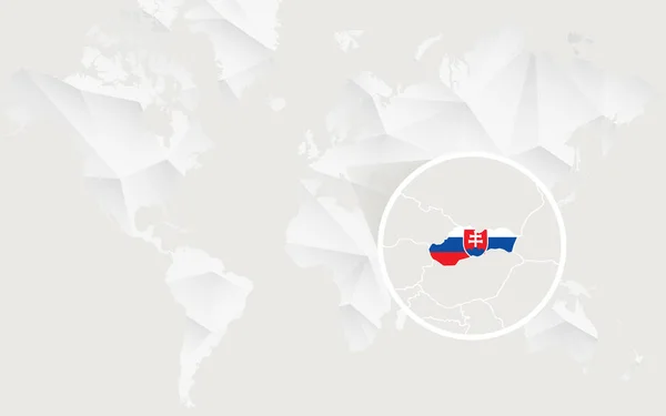 Slowakije kaart met vlag in contour op witte veelhoekige wereldkaart. — Stockvector
