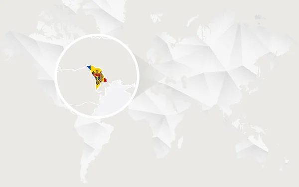 Moldavia mapa con bandera en contorno en blanco mapa del mundo poligonal . — Vector de stock