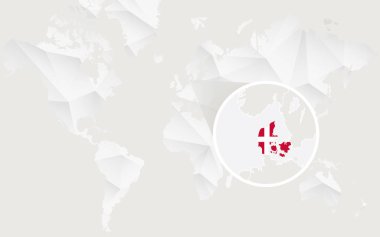 Danimarka harita dağılımı beyaz poligonal dünya haritası üzerinde bayrak ile.