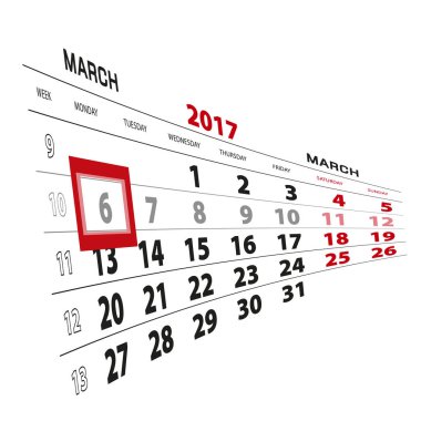 6 Mart takvim 2017 vurgulanır. Hafta Pazartesi başlıyor.