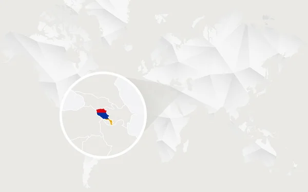 Armenia mapa z flagą w kontur na białym wielokątne mapa świata. — Wektor stockowy