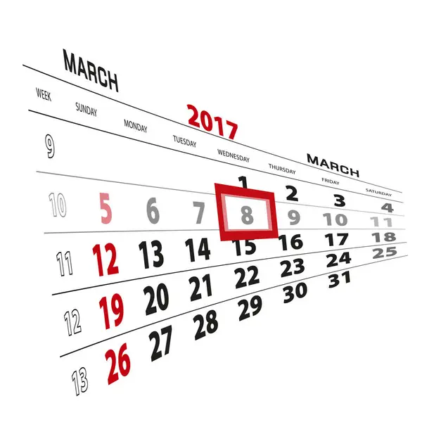 8 de marzo, resaltado en el calendario 2017 . — Vector de stock