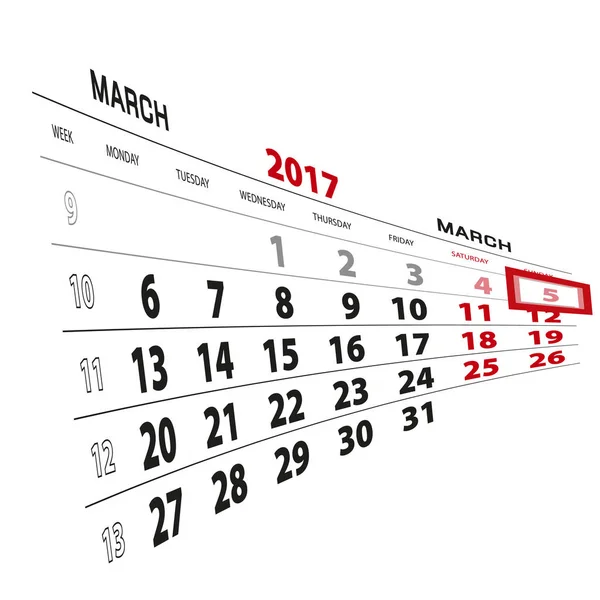 5 mars mis en évidence sur le calendrier 2017. La semaine commence à partir de lundi . — Image vectorielle
