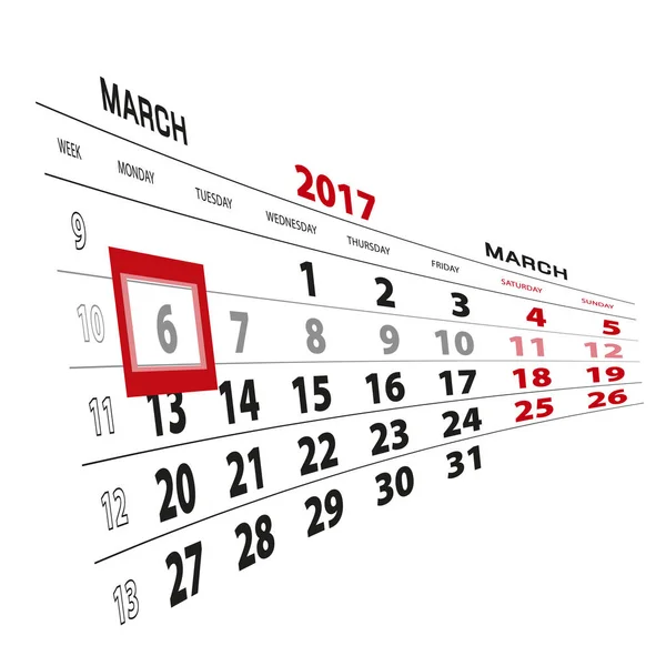 6 mars mis en évidence sur le calendrier 2017. La semaine commence à partir de lundi . — Image vectorielle