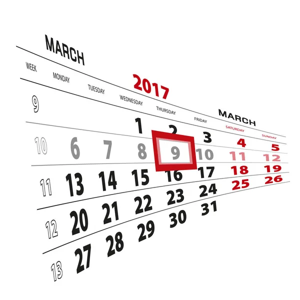 9 de marzo destacado en el calendario 2017. La semana comienza el lunes . — Archivo Imágenes Vectoriales